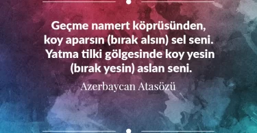 Geçme namert köprüsünden, koy aparsın (bırak alsın) sel seni. Yatma tilki gölgesinde koy yesin (bırak yesin) aslan seni. Azerbaycan Atasözü